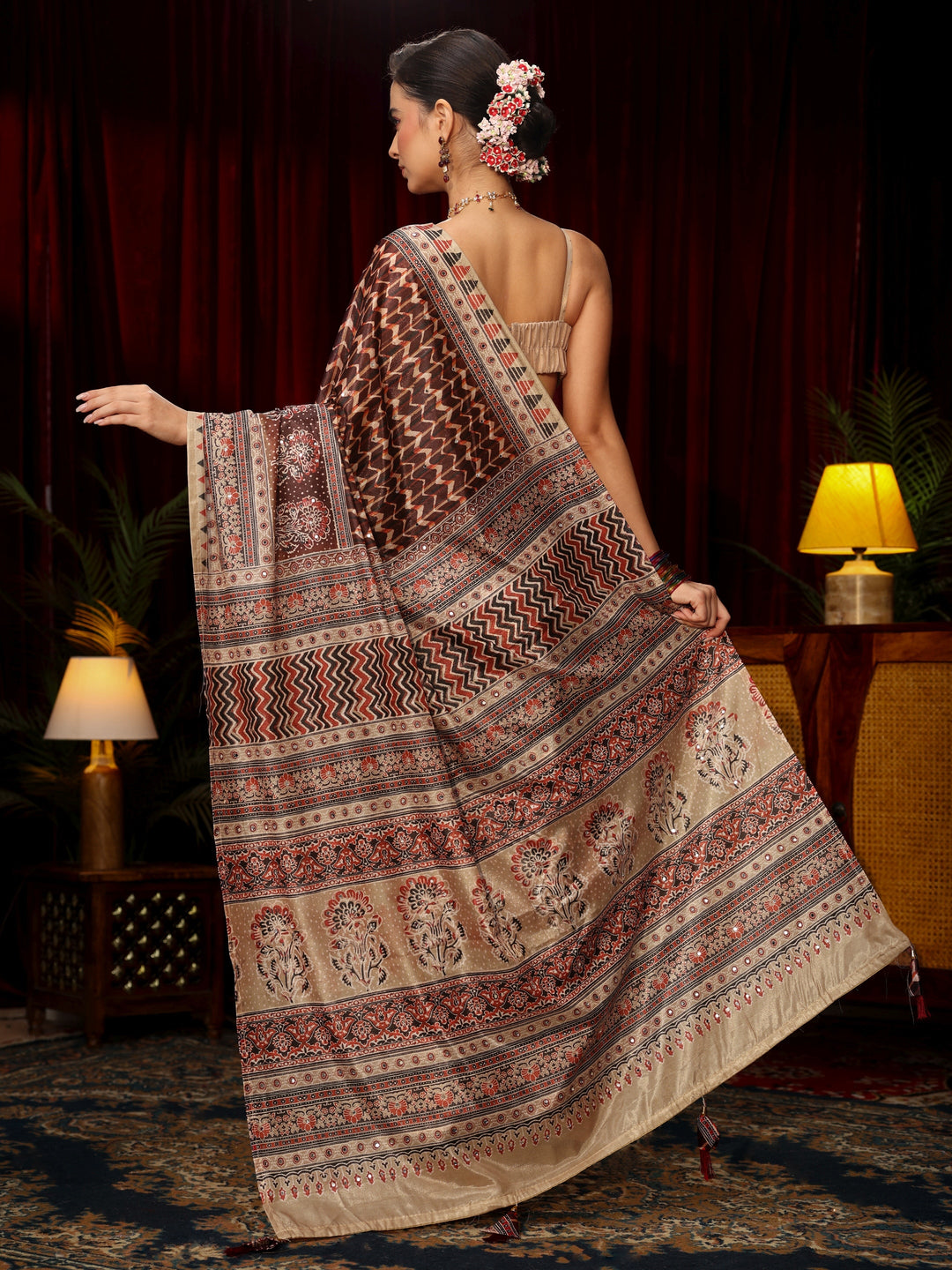 Libas Brown Multi Print Mirror Work Embellished Satin Saree