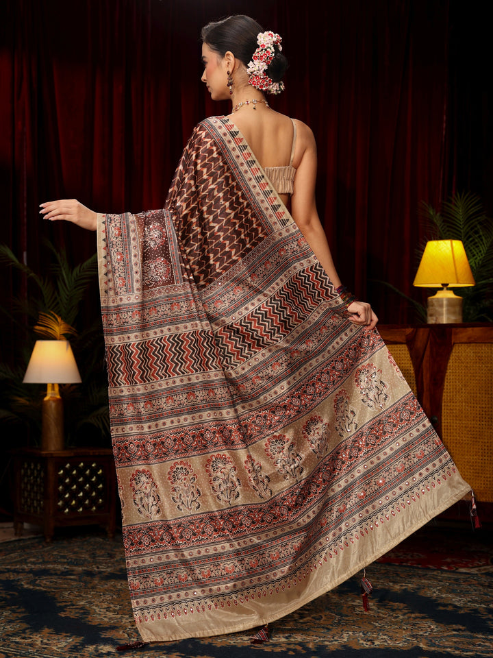 Libas Brown Multi Print Mirror Work Embellished Satin Saree