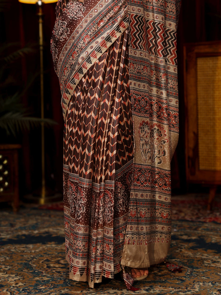 Libas Brown Multi Print Mirror Work Embellished Satin Saree