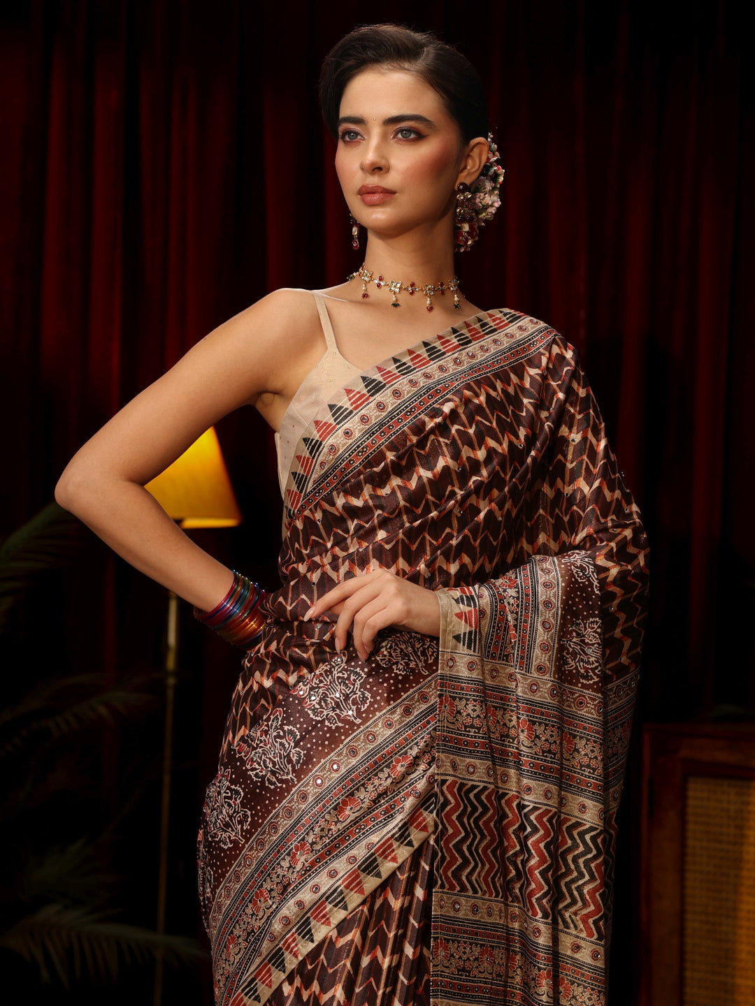 Libas Brown Multi Print Mirror Work Embellished Satin Saree