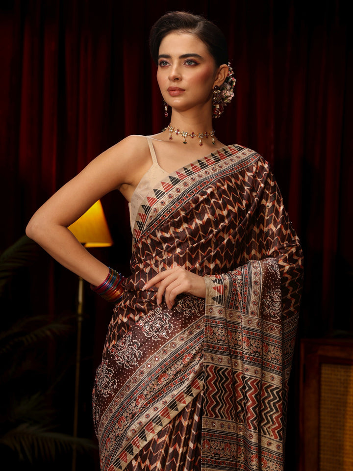 Libas Brown Multi Print Mirror Work Embellished Satin Saree