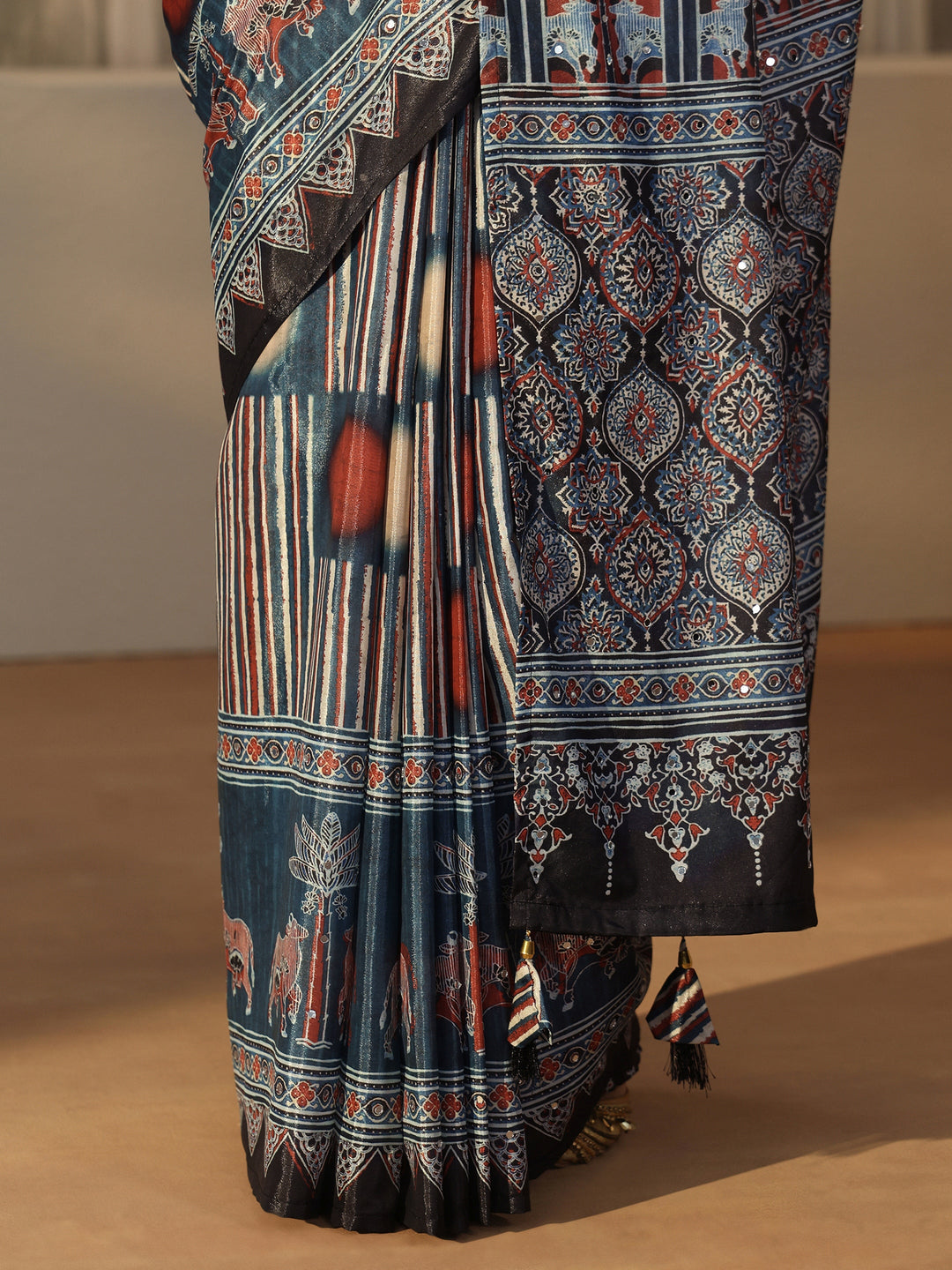 Libas Black Ajrakh Printed Satin Saree