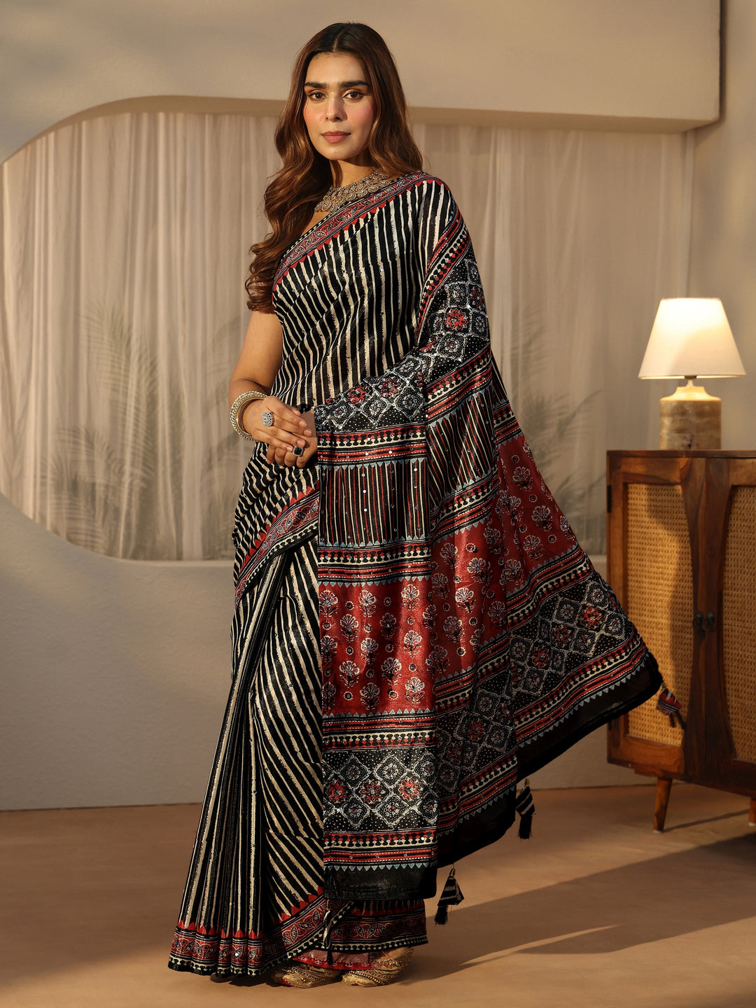 Libas Black Striped Satin Saree