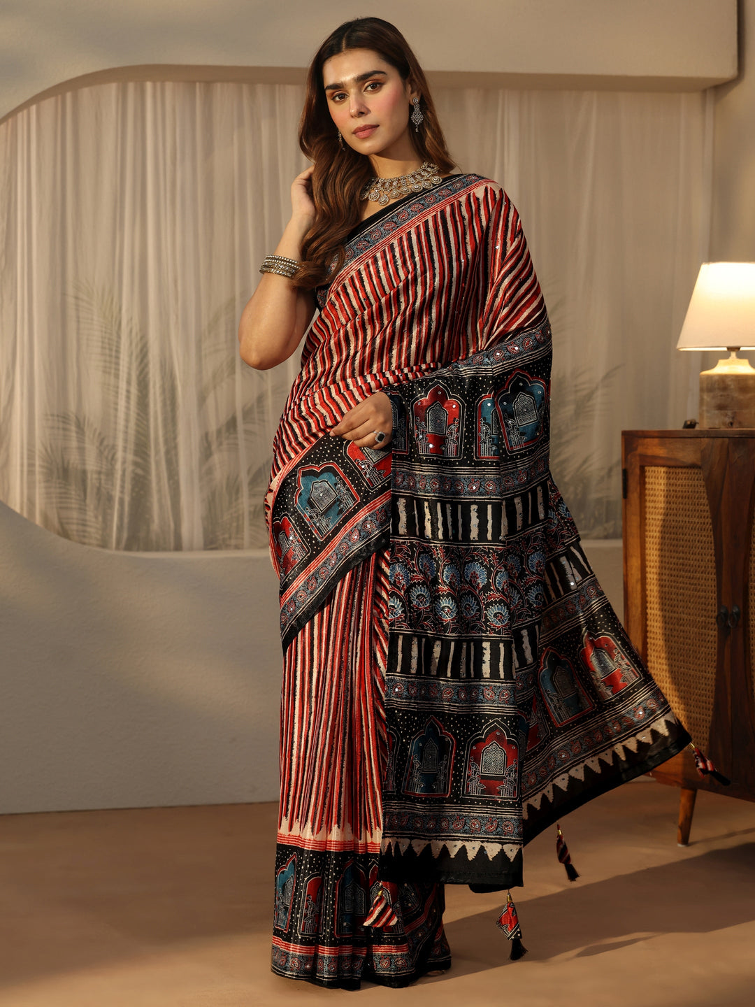 Libas Black Ajrakh Printed Satin Saree