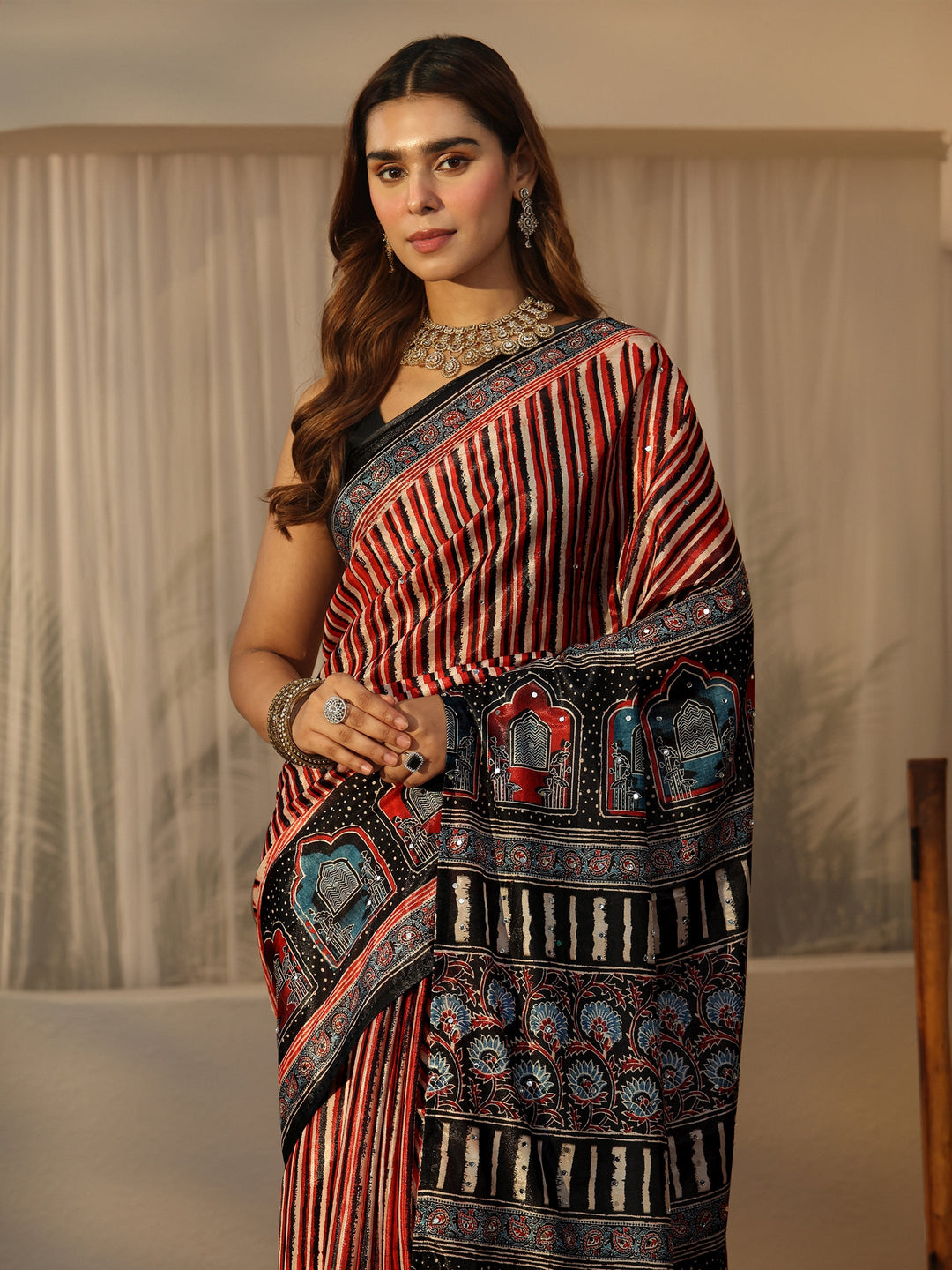 Libas Black Ajrakh Printed Satin Saree