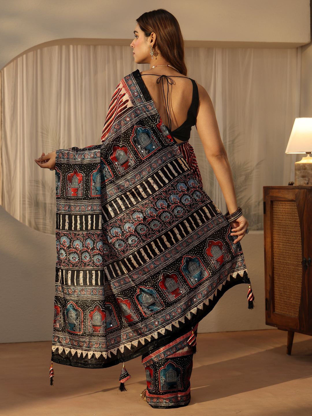 Libas Black Ajrakh Printed Satin Saree