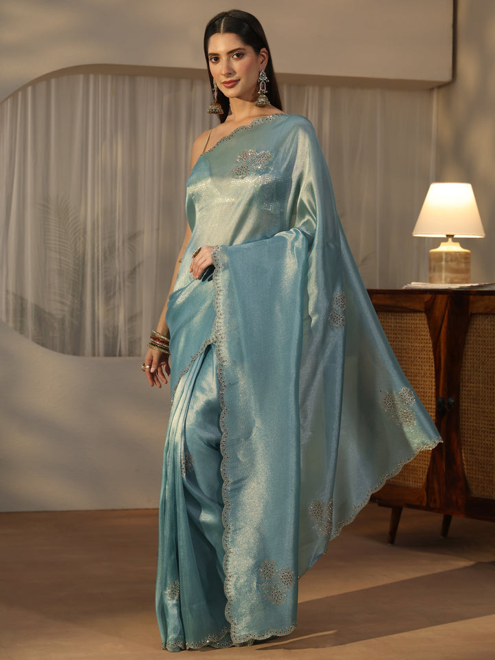 Libas Ice Blue Embellished Organza Saree