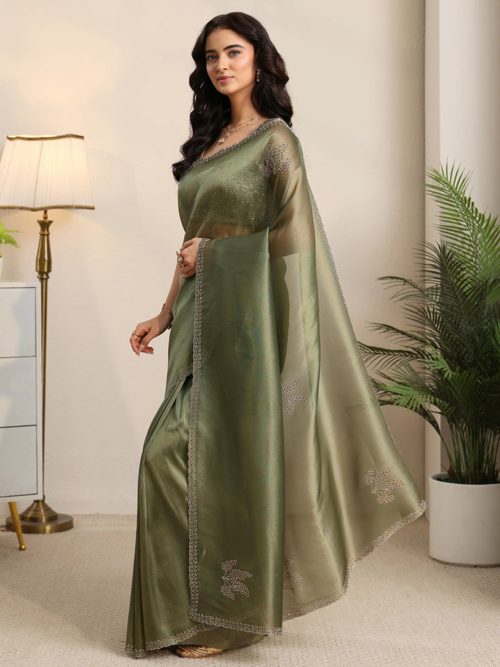 Libas Olive Green Embellished Organza Saree