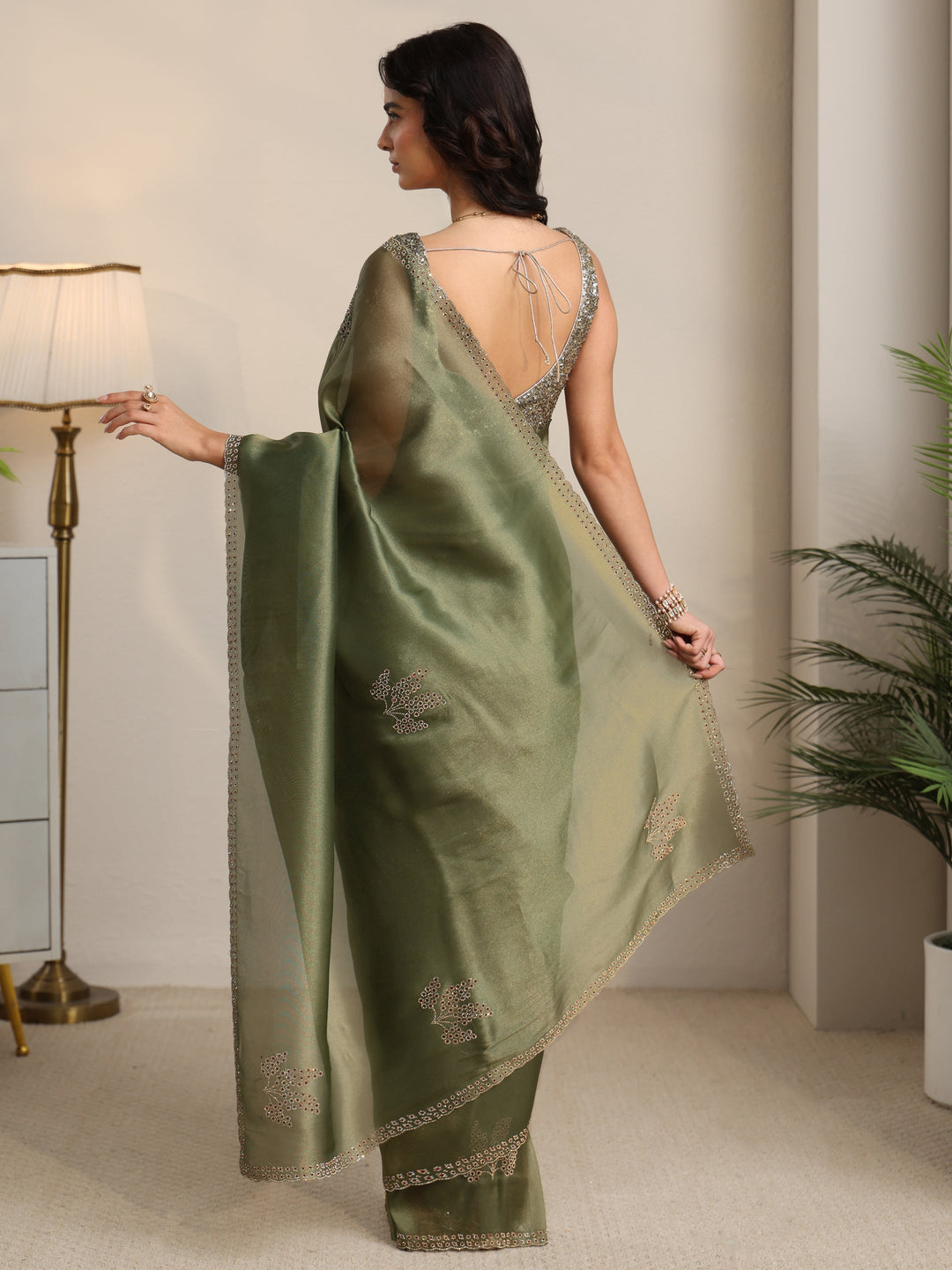 Libas Olive Green Embellished Organza Saree