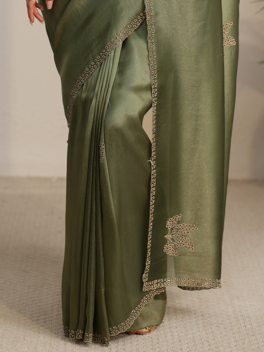 Libas Olive Green Embellished Organza Saree
