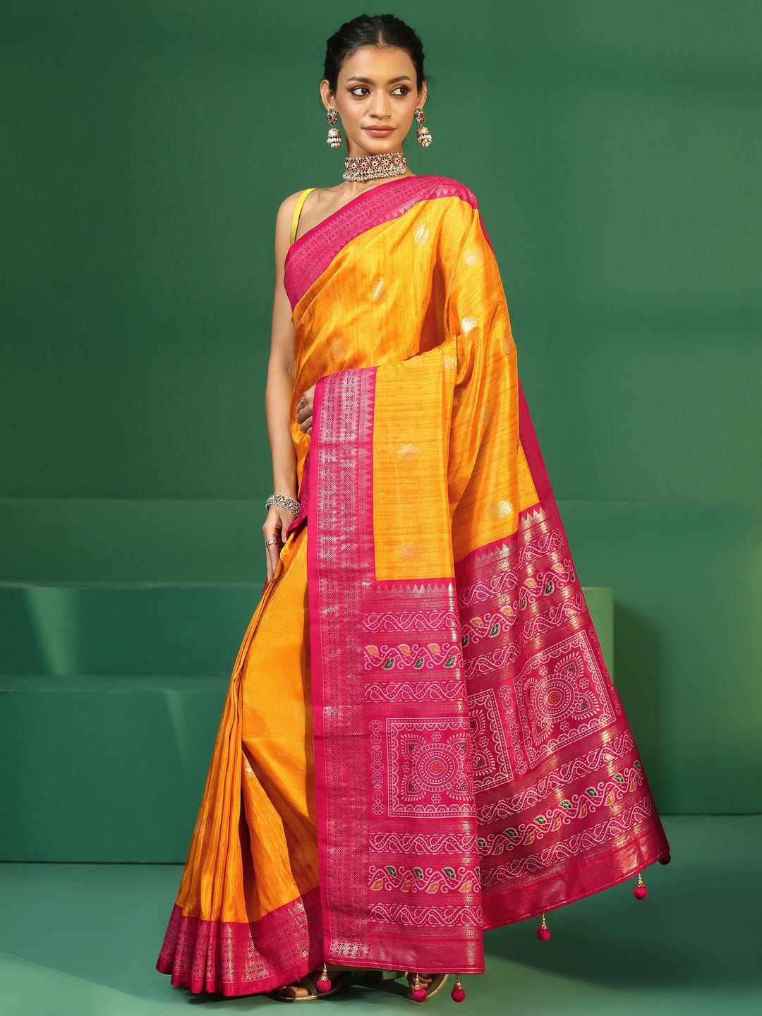 Libas Mustard Printed Silk Blend Saree