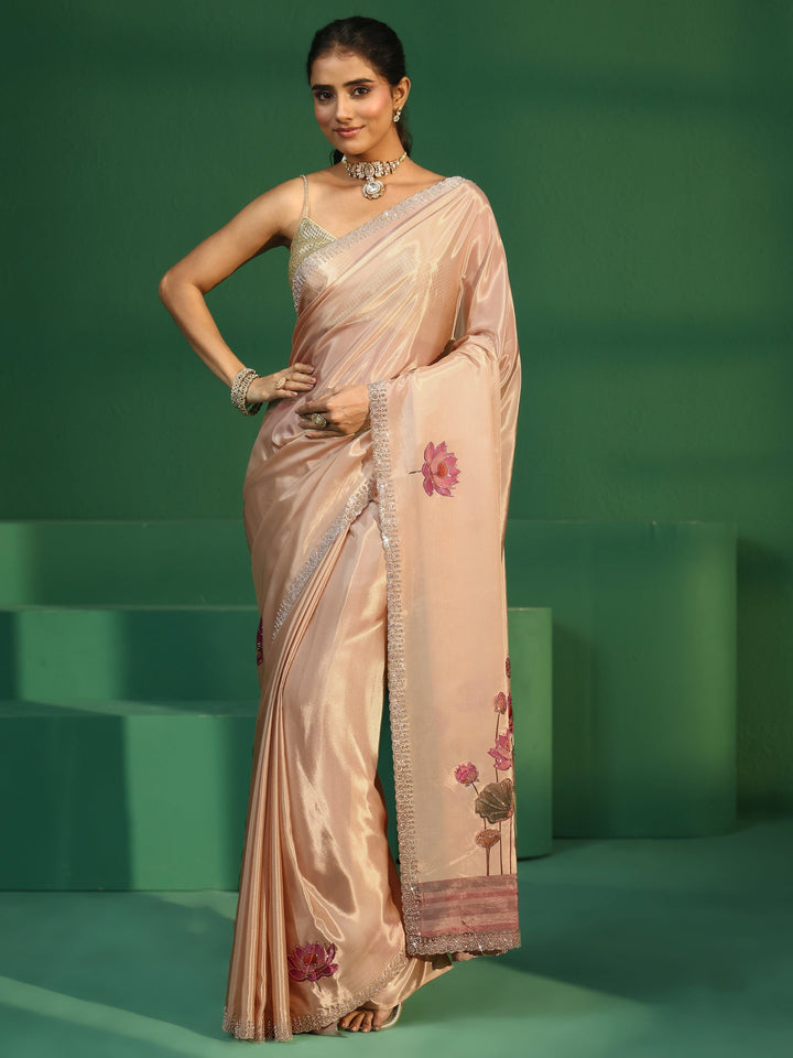 Libas Cream Lotus Printed Satin Saree with Embellished Border