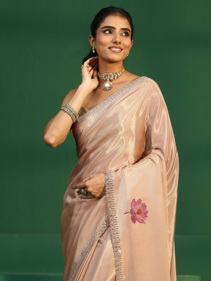 Libas Cream Lotus Printed Satin Saree with Embellished Border