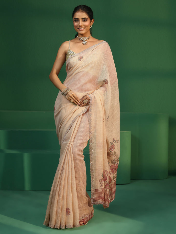 Libas Cream Floral Stone Work Embellished Cotton Blend Saree