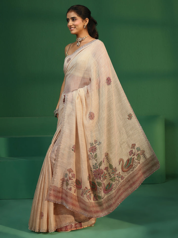 Libas Cream Floral Stone Work Embellished Cotton Blend Saree