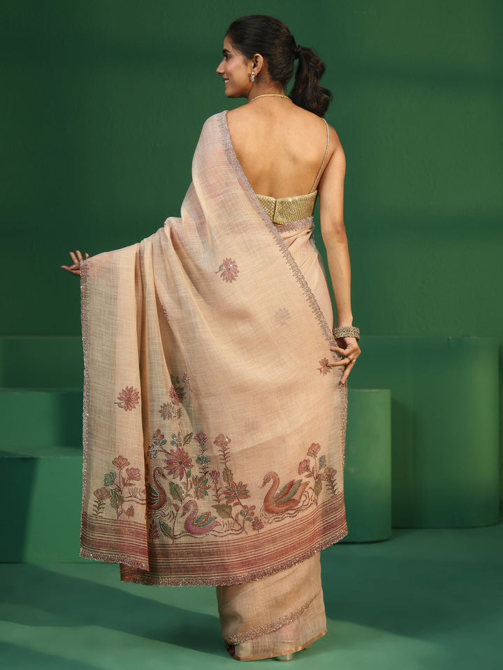 Libas Cream Floral Stone Work Embellished Cotton Blend Saree