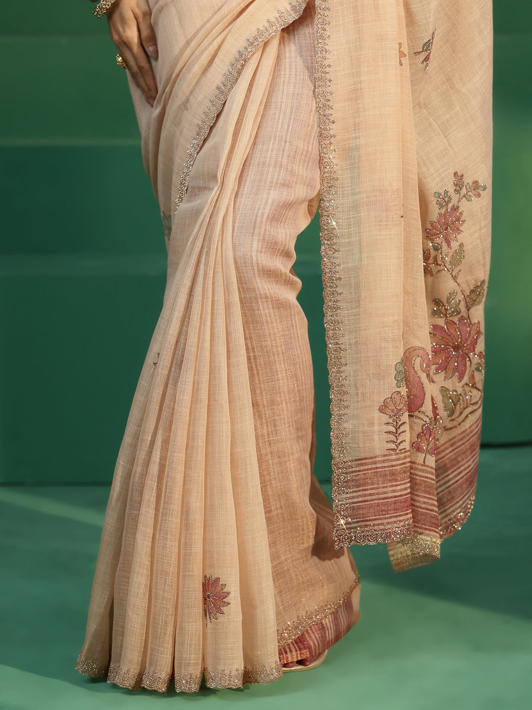 Libas Cream Floral Stone Work Embellished Cotton Blend Saree