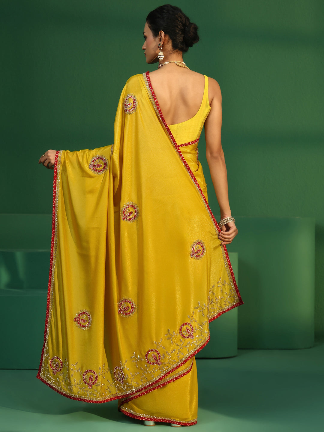 Libas Henna Green Applique Work Embellished Satin Saree