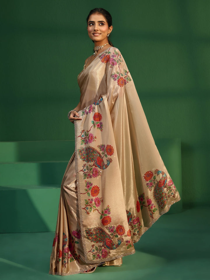 Libas Cream Peacock Printed Satin Saree with Embellished Border