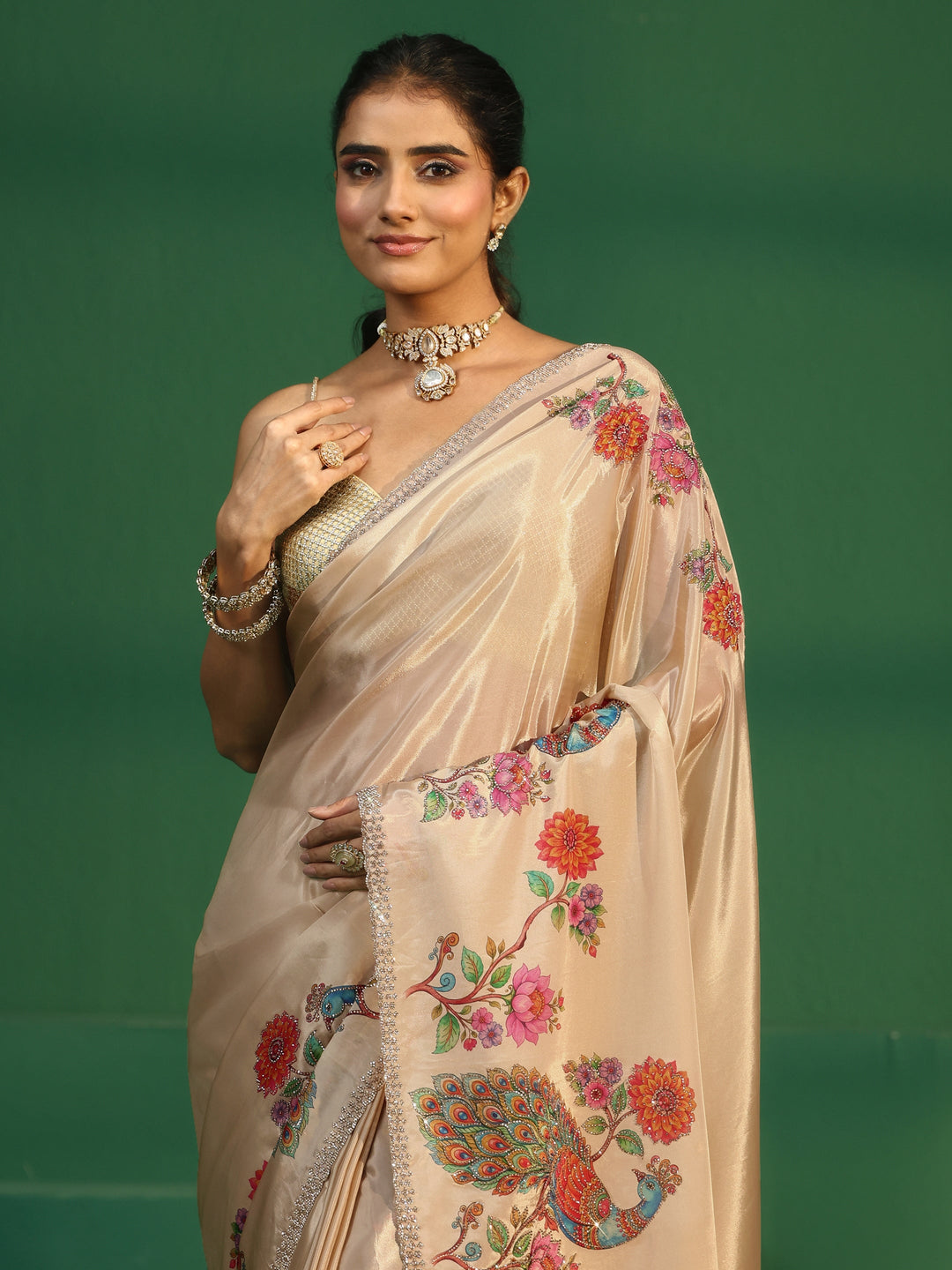 Libas Cream Peacock Printed Satin Saree with Embellished Border
