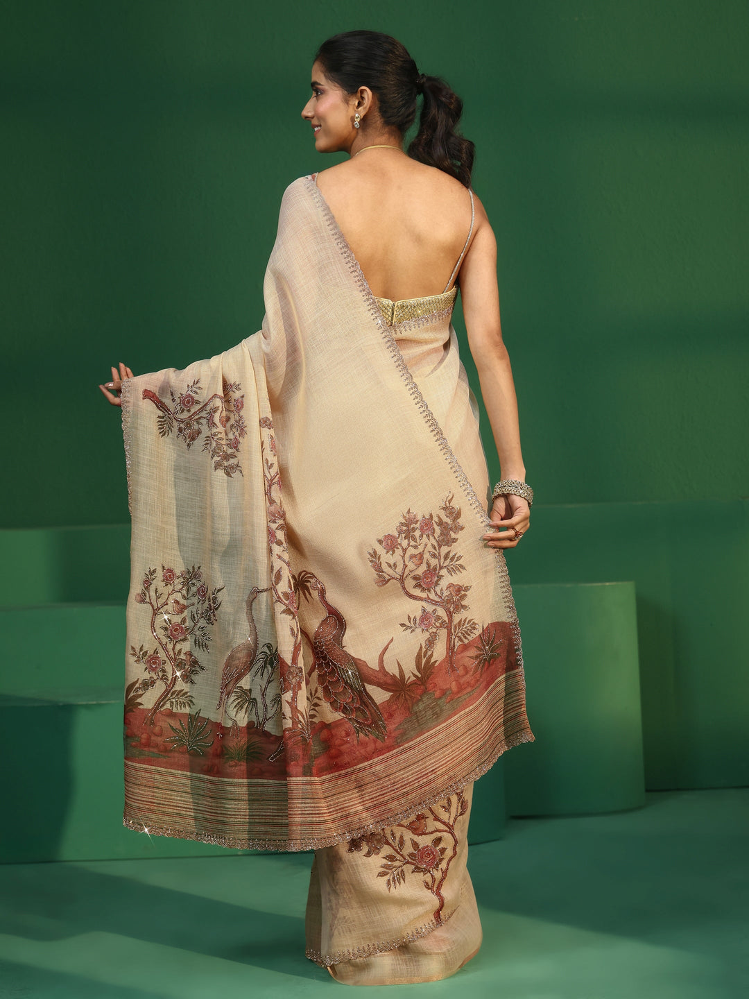 Libas Art Cream Printed Cotton Blend Saree with Embellished Border