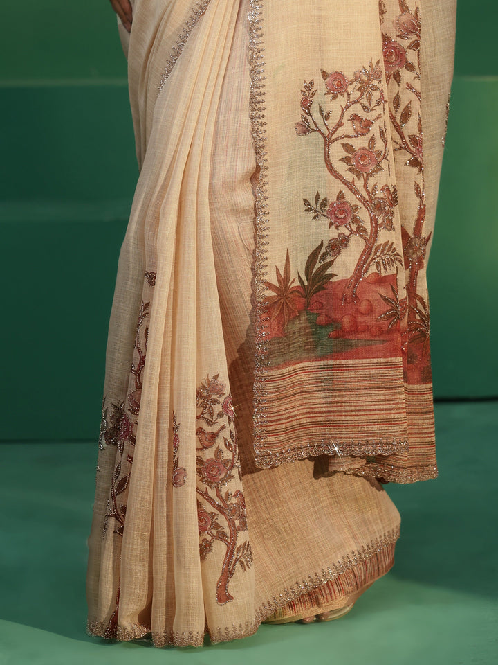 Libas Art Cream Printed Cotton Blend Saree with Embellished Border