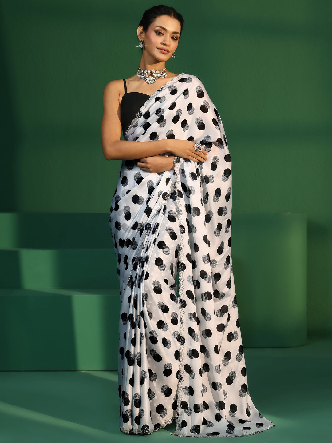 Libas White Polka Dot Print Tissue Saree