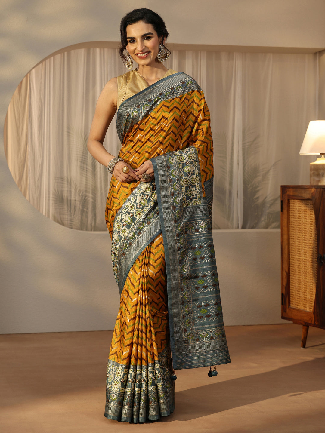 Libas Mustard Chevron Printed Silk Blend Saree