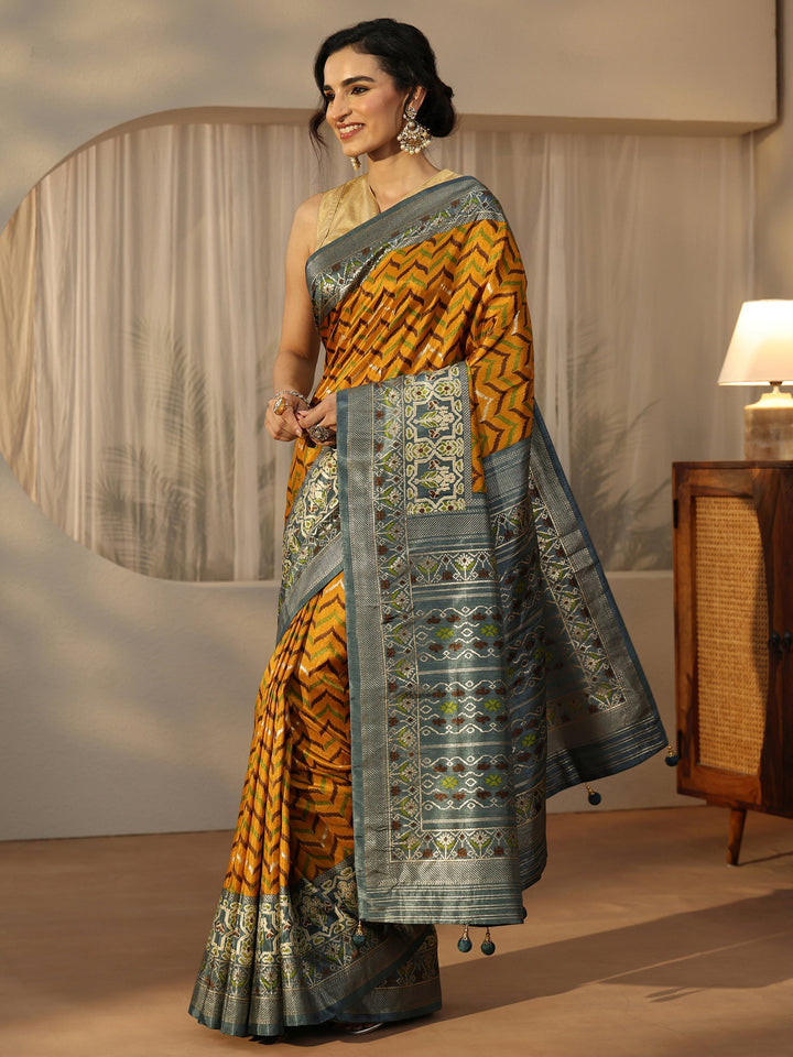 Libas Mustard Chevron Printed Silk Blend Saree