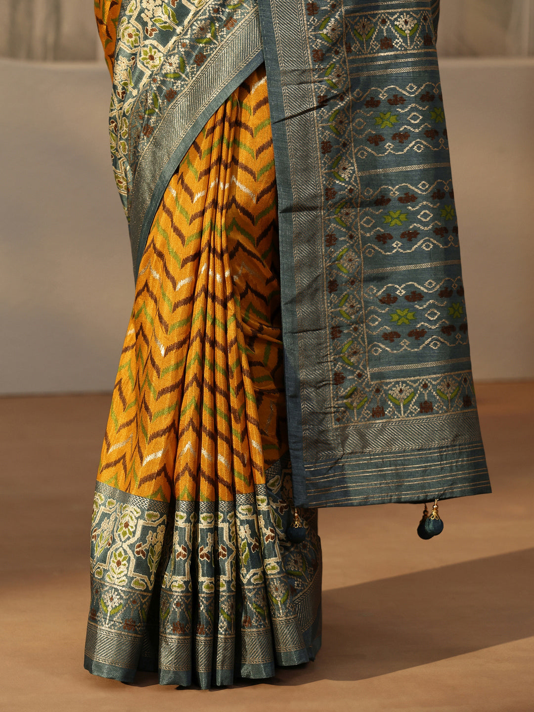 Libas Mustard Chevron Printed Silk Blend Saree