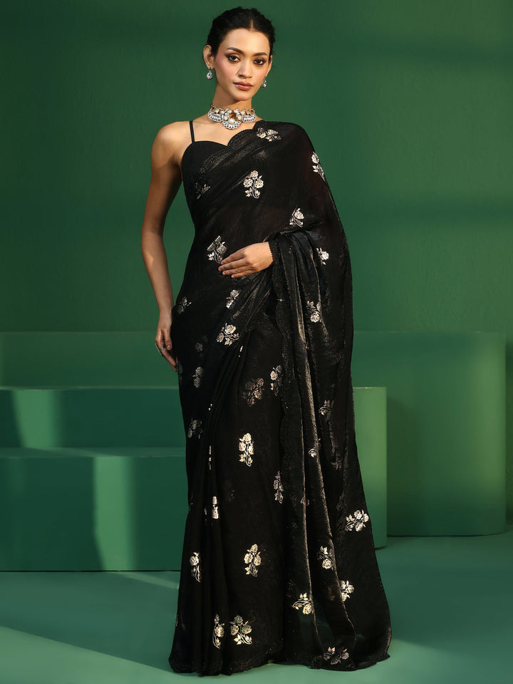 Libas Black Floral Foil Printed Tissue Saree