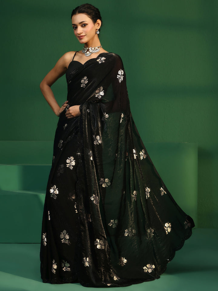 Libas Black Floral Foil Printed Tissue Saree