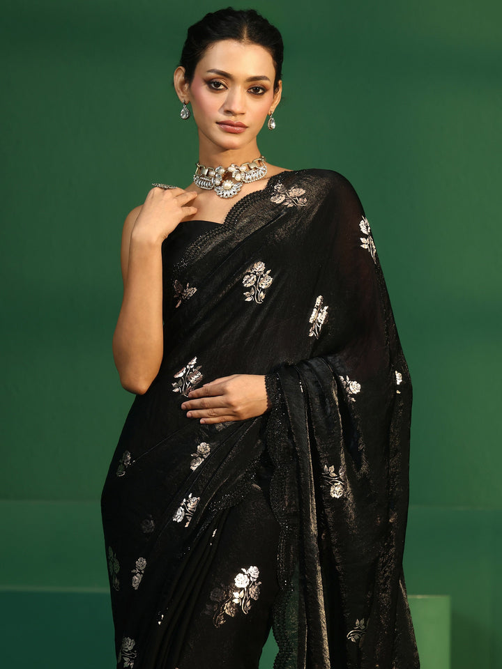 Libas Black Floral Foil Printed Tissue Saree