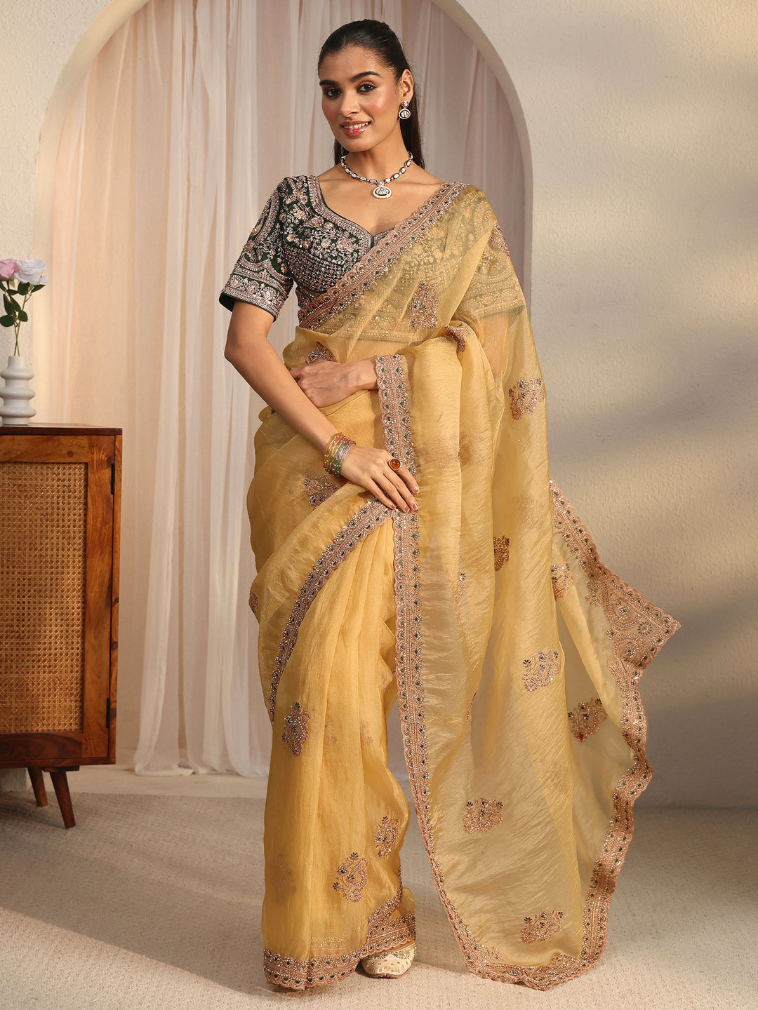 Libas Art Mustard Floral Embroidered Tissue Saree