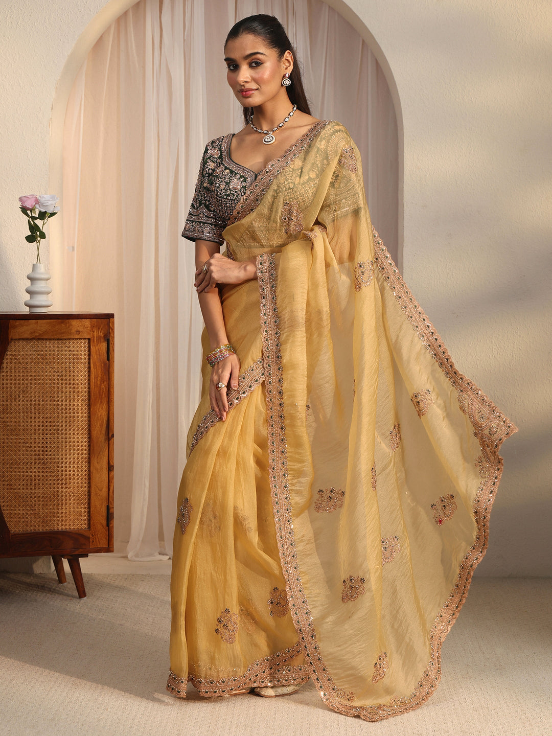 Libas Art Mustard Floral Embroidered Tissue Saree