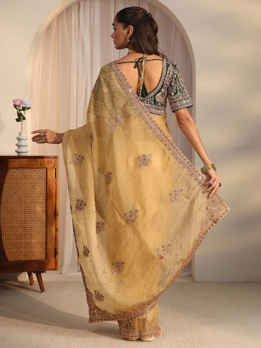 Libas Art Mustard Floral Embroidered Tissue Saree