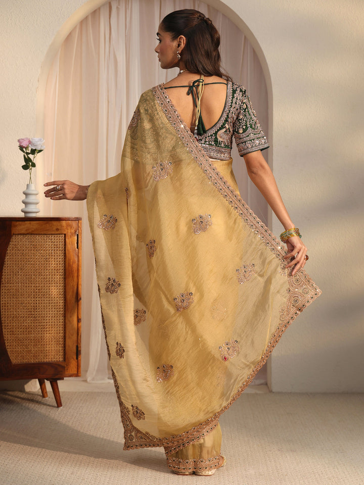 Libas Art Mustard Floral Embroidered Tissue Saree