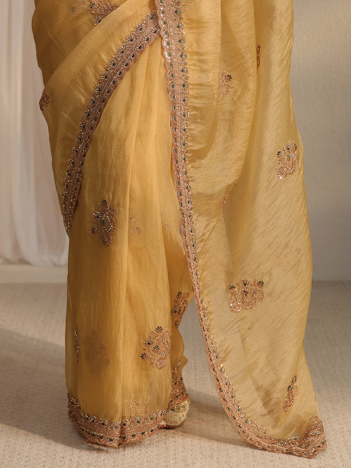 Libas Art Mustard Floral Embroidered Tissue Saree