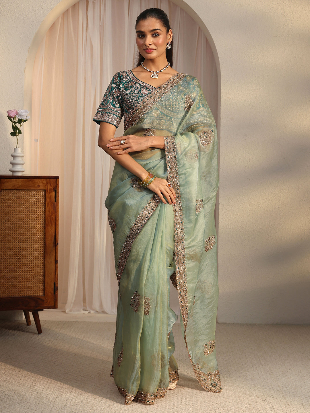 Libas Art Blue Floral Embroidered Tissue Saree