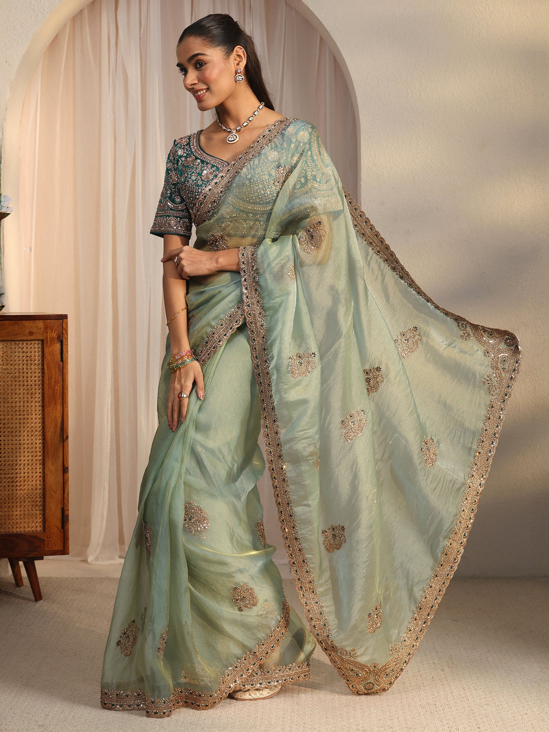 Libas Art Blue Floral Embroidered Tissue Saree