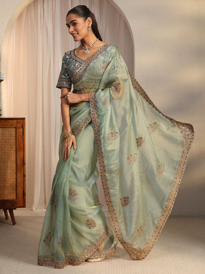 Libas Art Blue Floral Embroidered Tissue Saree