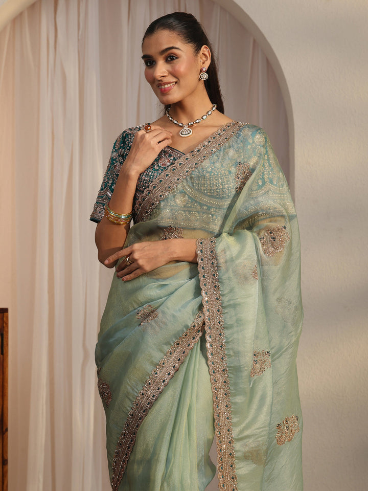 Libas Art Blue Floral Embroidered Tissue Saree