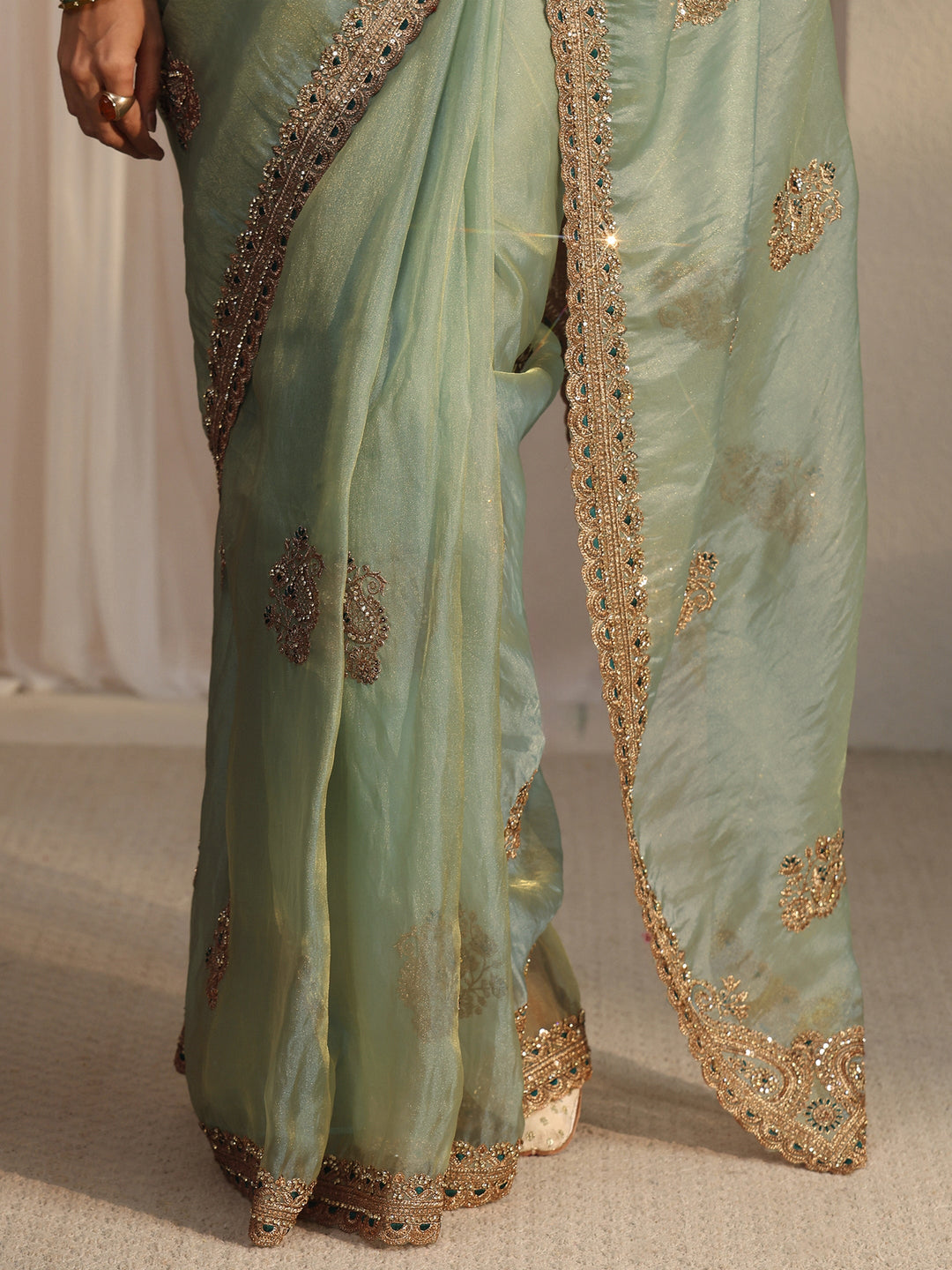 Libas Art Blue Floral Embroidered Tissue Saree