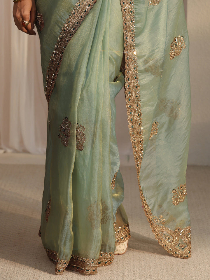 Libas Art Blue Floral Embroidered Tissue Saree