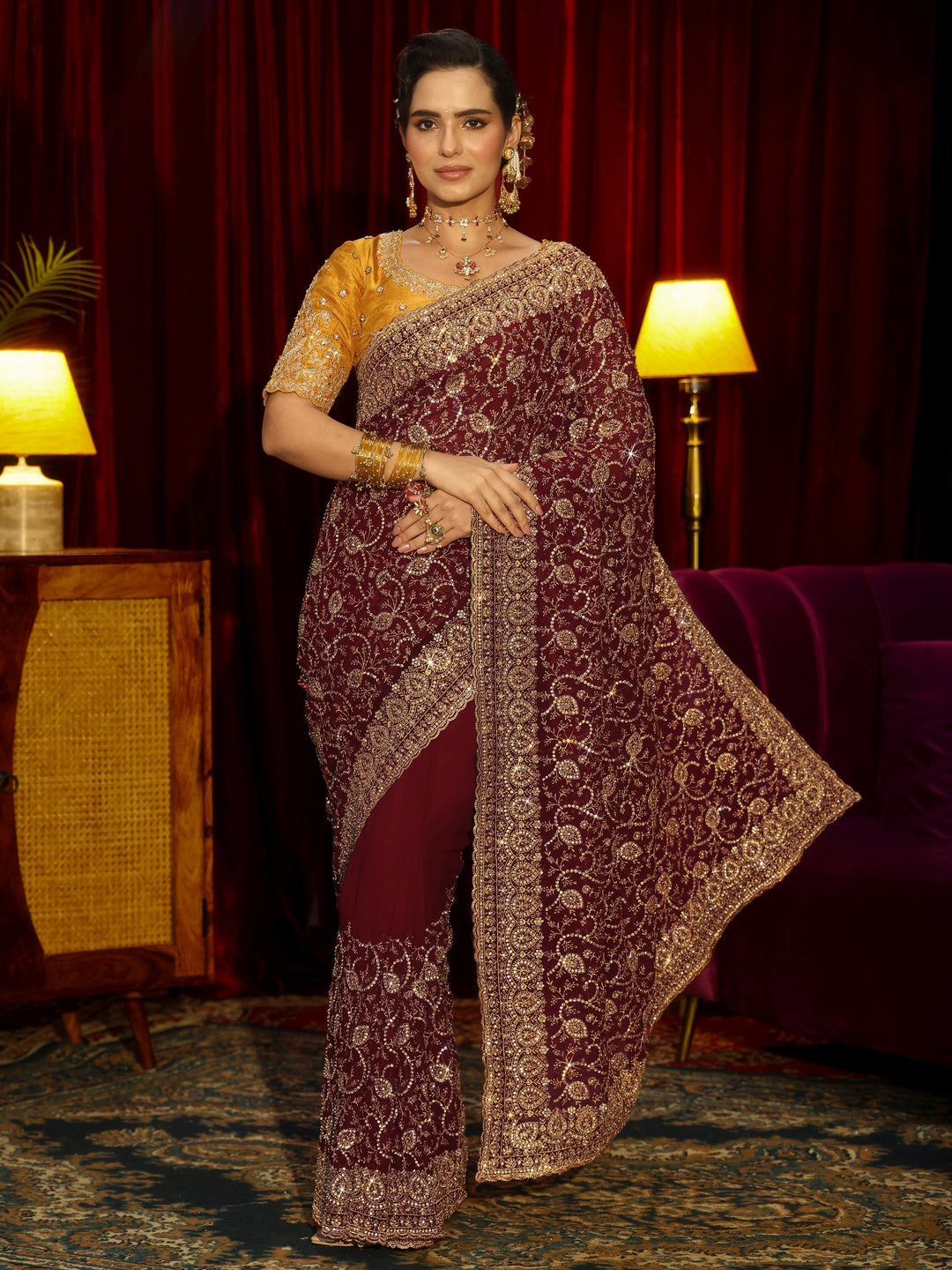 Libas Art Maroon Floral Embellished Georgette Saree