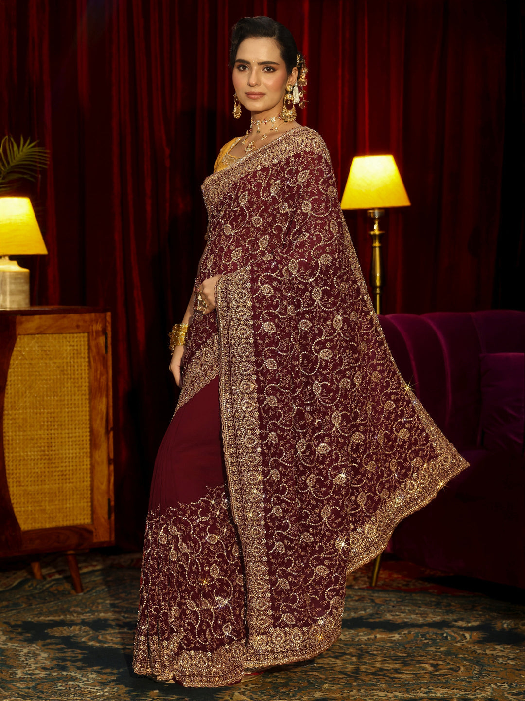 Libas Art Maroon Floral Embellished Georgette Saree