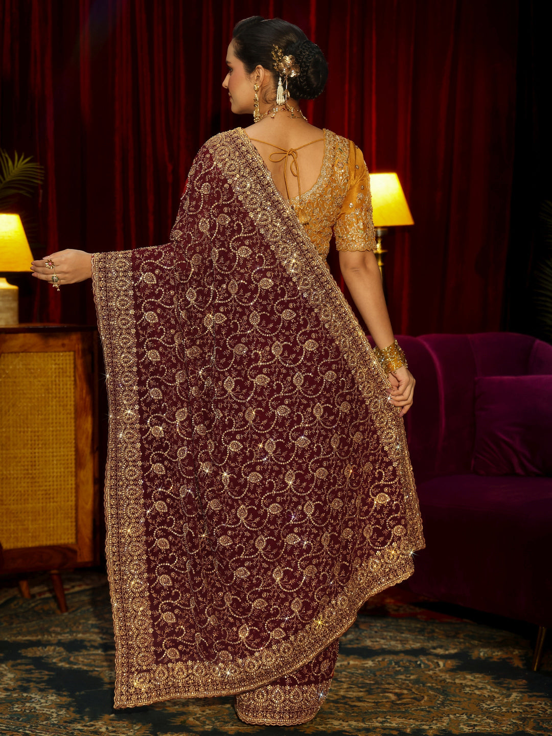 Libas Art Maroon Floral Embellished Georgette Saree