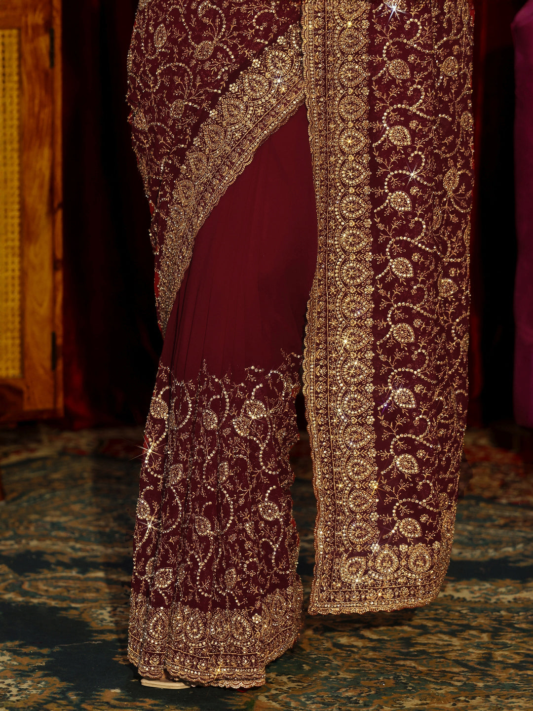 Libas Art Maroon Floral Embellished Georgette Saree