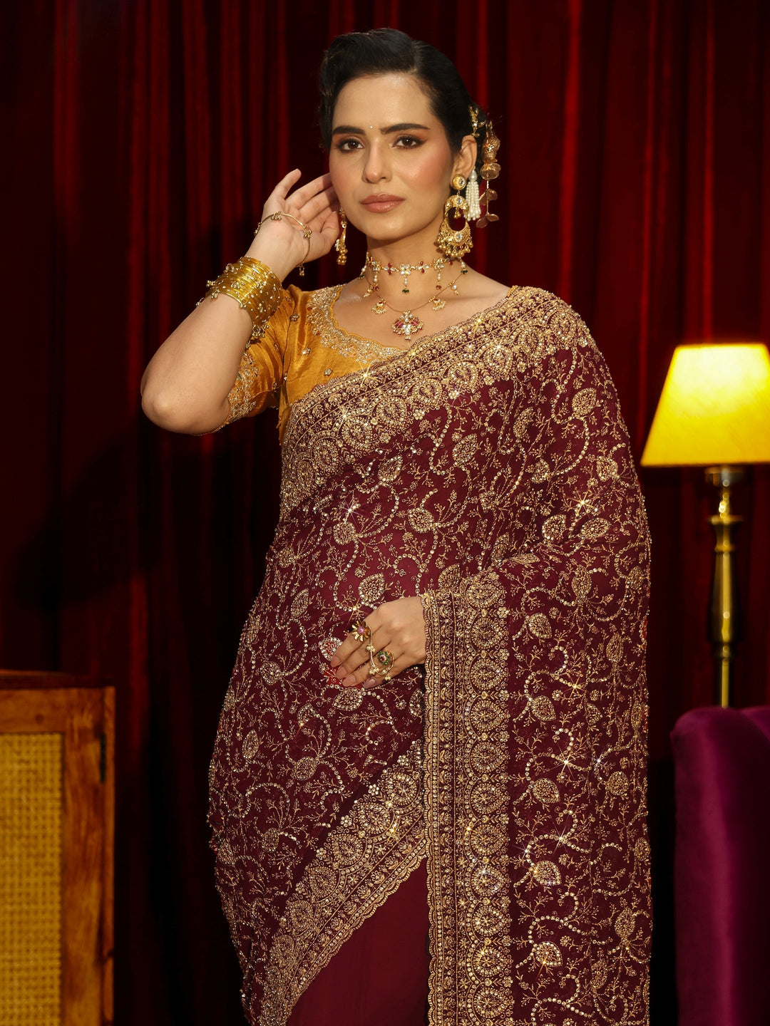 Libas Art Maroon Floral Embellished Georgette Saree