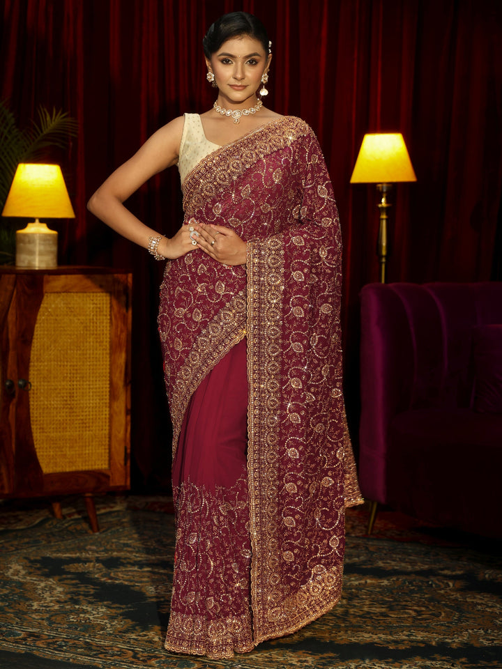Libas Art Rani Pink Floral Embellished Georgette Saree